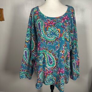 T by Talbots Sz 3X Teal Blue Paisley Soft Modal 3/4 Sleeve Crew Neck Jersey Top